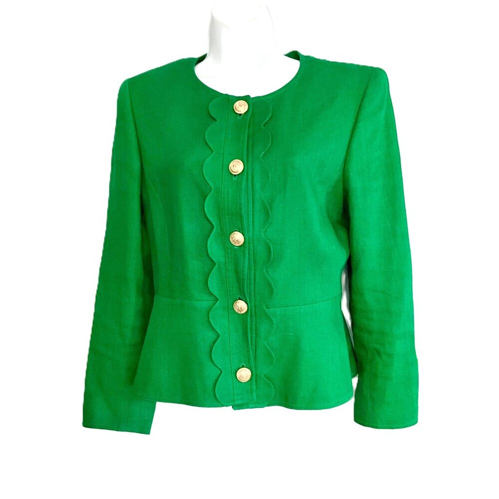 VNT Valentino Miss V Green Linen Blazer & Skirt Suit Size IT 42 Made in Italy
